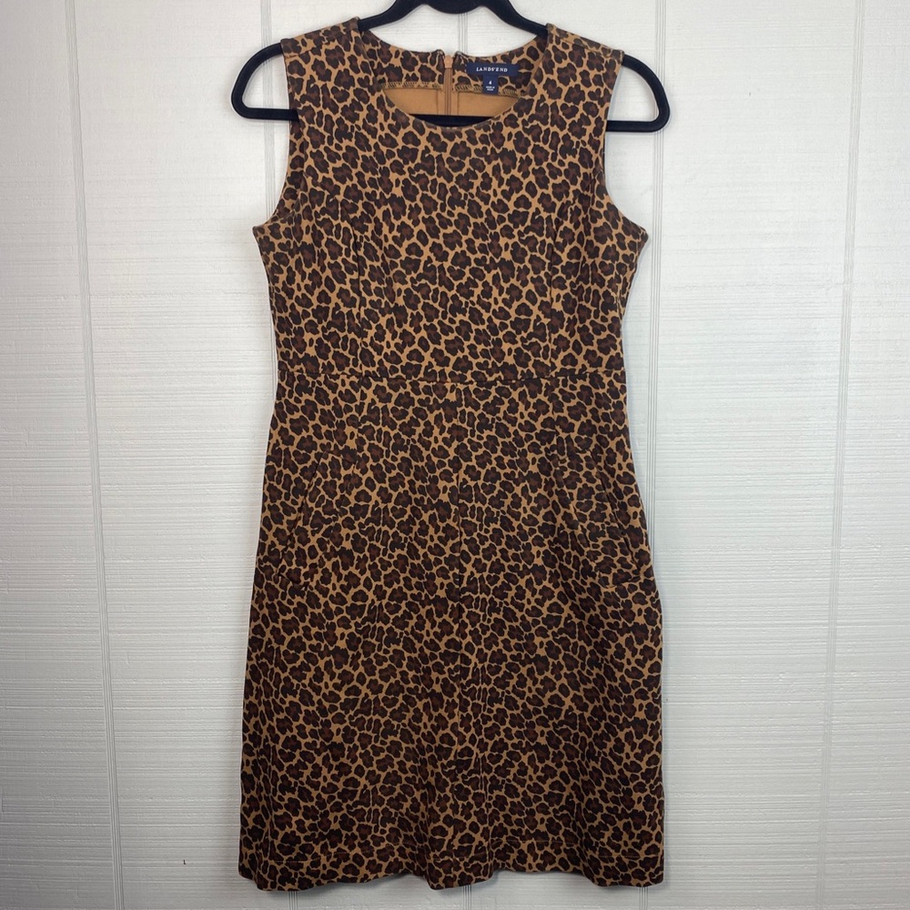 Lands End Sleeveless Leopard Print Knee Length Dress Pockets Size 4